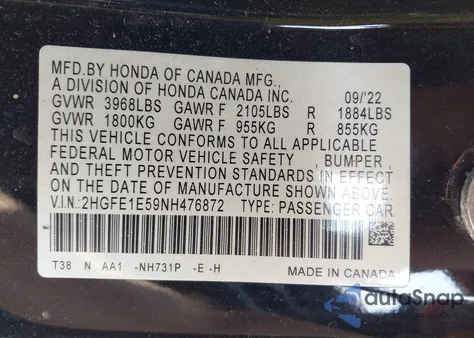 2022 Honda Civic Si Sedan из США, поврежденный, VIN 2HGFE1E59NH476872